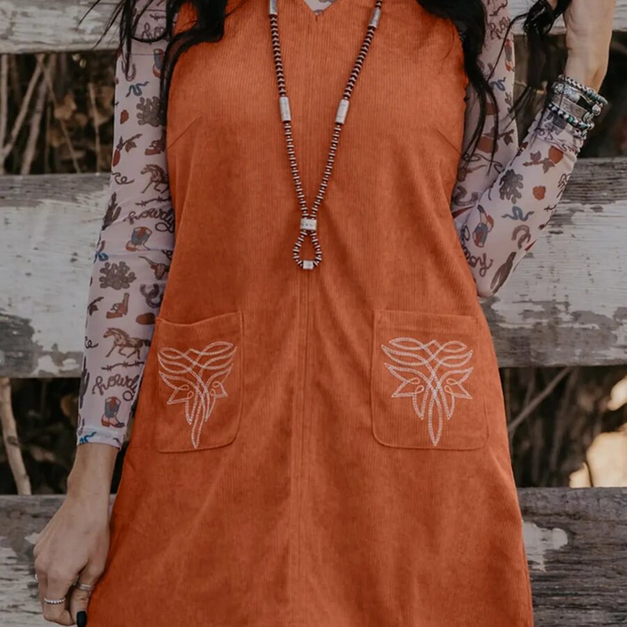 Embroidered Corduroy Patch Pocket Mini Dress