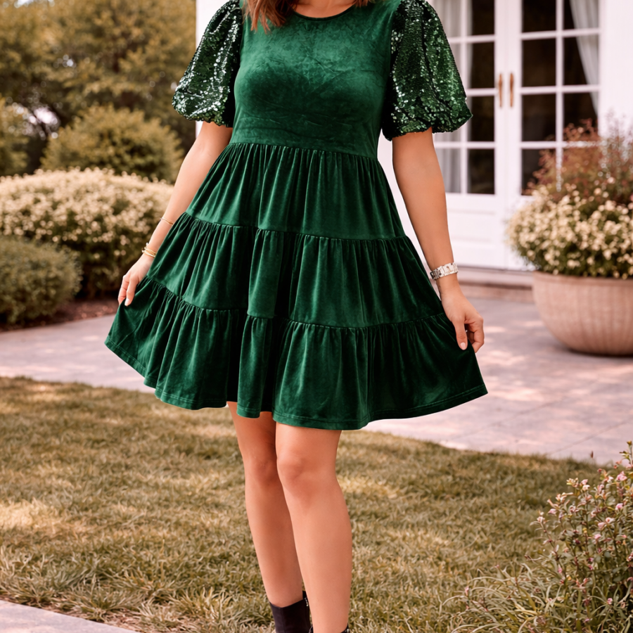 Velvet Dress with Sequin Sleeves