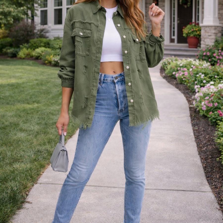Frayed Pocket Denim Shirt Jacket
