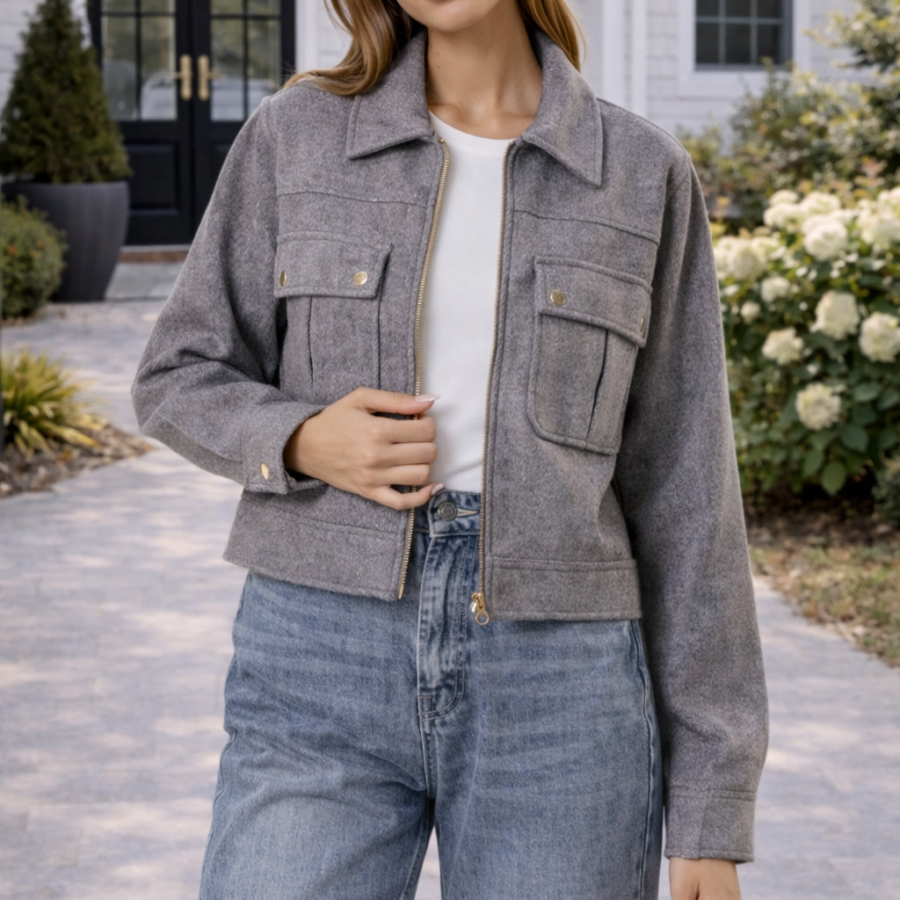 Charcoal Collared Zip Jacket with Patch Pockets