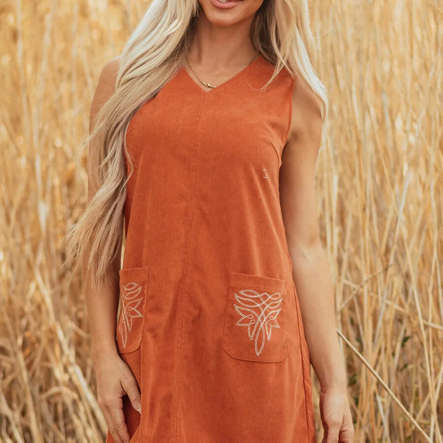 Embroidered Pocket Corduroy Mini Dress