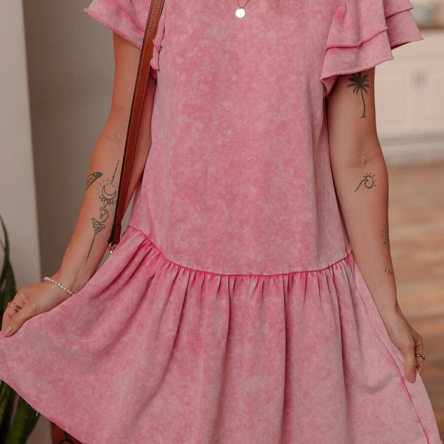 Mineral Wash Raw Edge Ruffle Mini Dress